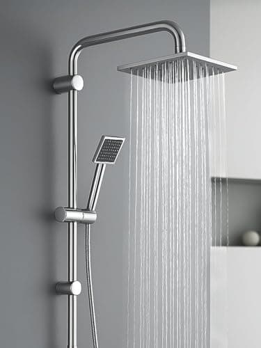 Image of CROWNSHOP Shower Set Shower Riser Rail Shower with Twin Heads Adjustable Overhead Rainfall Bathroom Shower Head Handheld Shower Hose and Riser Rail Kit (Square)