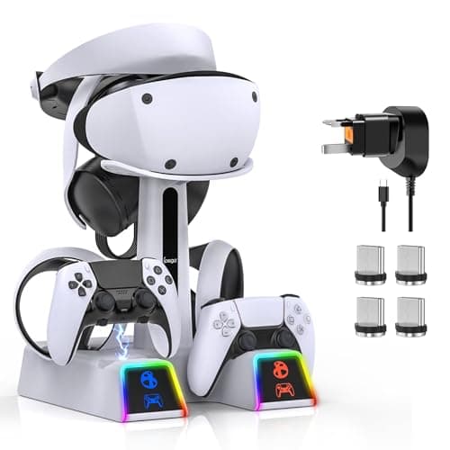 Image of RGB Charging Station for PS VR2/ PS5/ PS5 Edge Controller with AC Adapter and Plug Adapter, Vertical Stand for PlayStation VR2 Headset and Dualsense Controllers+ VR2 Charging Dock+ 10 Light Mode