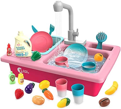 Image of cute stone Color Changing Kitchen Sink Toys, Children Heat Sensitive Electric Dishwasher Playing Toy with Running Water, Automatic Water Cycle System Play House Pretend Role Play Toys for Girls