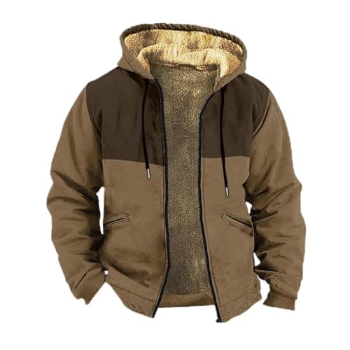 Image of Generisch Winter Men's Double Colour Block Hooded Fleece Long Sleeve Pocket Plus Size Sweatshirt Jacket Padded Clothing Short Coat Men's A Line, brown, M