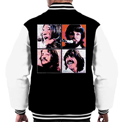 Image of ICONS MERCH The Beatles Let It Be Men's Varsity Jacket Original Portrait by Sidney Maurer Jet Black Arctic White (L)