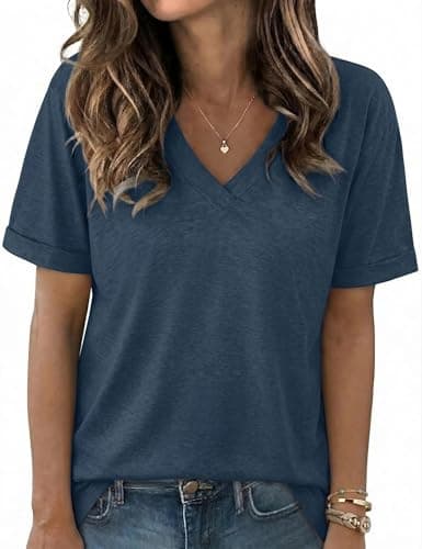 Image of Aottori Ladies Short Sleeves Basic Tops Women V Neck T Shirts Tee Summer Loose Fit Stretch Soft Plain Undershirt Casual Tunic Top UK Navy Blue M