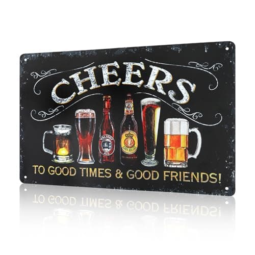 Image of Metal Signs Vintage Bar Sign Beer Cheers Plaque Bar Accessories for Home Pub Outside Decorations Cheers to Good Time & Good Friends Man Cave Wall Garden Shed Retro Club Cheers Art Decor 8x12inch