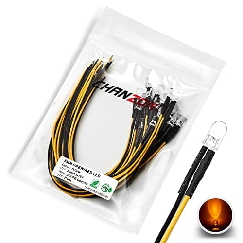 Image of [UL Wire] Chanzon 20 pcs Pre-Wired 5mm Yellow LED Diode Lights (Clear Round Transparent Lens DC 12V) with 680 ohms 1/4W Resistor and 24awg Wire Indicator Light Emitting Diodes Lighting Bulb 5mmled