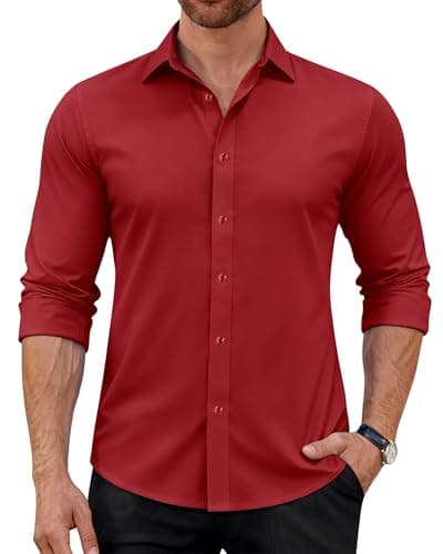 Image of J.VER Mens Long Sleeve Shirt 4-Way Stretch Red Regular Fit Business Casual Formal Fashion Button Down Shirts 2XL