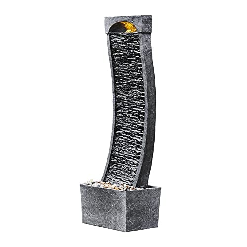 Image of Teamson Home Garden Water Feature with LED Lights and Pump, Large Garden Water Fountain, Indoor and Outdoor Curved Waterfall Fountain, Slate Effect