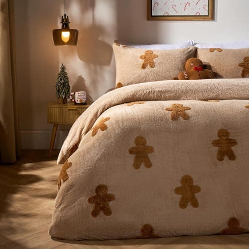 Image of OHS Christmas Bedding King Size, Tufted Gingerbread Man Teddy Fleece Duvet Set Super Soft Warm Cosy Thermal Winter Christmas Duvet Cover King Size with Pillowcases, Natural