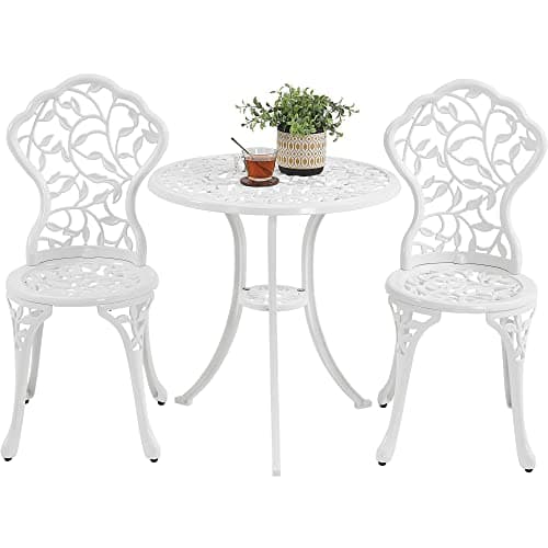 Image of Yaheetech 3-Piece Bistro Dining Set, Outdoor Patio Table and Chairs Antique Aluminium Furniture for Garden Backyard Porch Balcony Lawn Pool, White