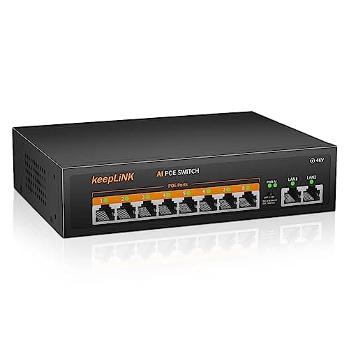 Image of keepLiNK 10 Port PoE Switch, 8 x 100Mbps PoE+ Ports 2 x 100Mbps Uplink Ports, 120W 802.3af/at, Extend Function, Metal Fanless Unmanaged