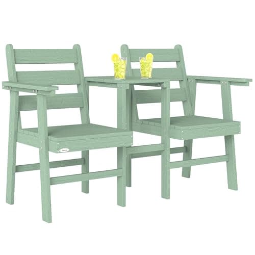 Image of Outsunny Garden Loveseat, 2 Seater Jack and Jill Garden Seat with Built-in Table, Embossed Wooden Love Seat Garden Furniture Companion Seat for Patio, Porch, Balcony, Green