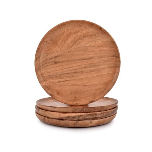 Image of Kimona Acacia Wood Dinner Plates Set of 4 for Dishes Snack, Dessert Natural Wood Plates Serving Dinnerware Plate for Dinner (20.32cm x 20.32cmx 1.90cm)