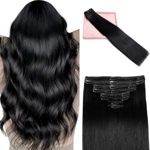 Image of POGINJA Clip in Hair Extensions Real Human Hair, Remy Human Hair Extensions Clip ins for Women, 100% Natural Human Hair, Double Weftm, 16inch 90g 8Pcs, #1 Jet Black