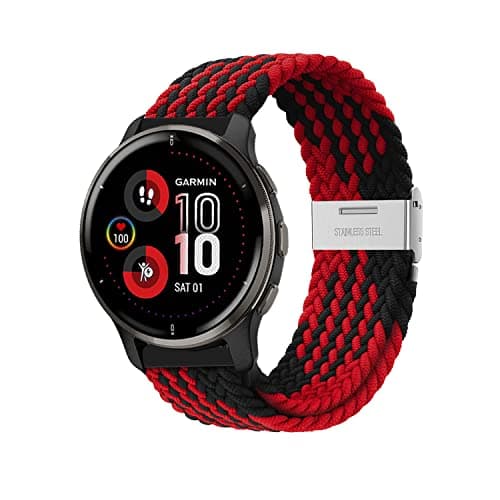 Image of Niboow 20mm Strap for Garmin Venu Sq 2/Venu Sq 2 Music/Venu Sq/Venu Sq Music/Venu 2 Plus, Woven Breathable Strap for Garmin Vivoactive 3 Music/Forerunner 245/Amazfit GTS 4 Mini - Black/Red