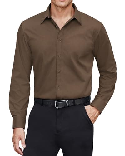 Image of J.VER Men's Dress Shirts Solid Long Sleeve Stretch Wrinkle-Free Formal Shirt Business Casual Button Down Shirts, Chocolate Brown, XL