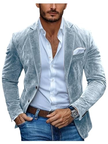 Image of DRCUIVS Men's Faux Suede Blazer Tailored Fit Notch Lapel Single Breasted Business Suit Jacket, Light Periwinkle Blue, M