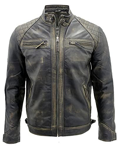 Image of Men's Vintage Black Retro Leather Retro Jacket Classic Racing Quilted Biker Moto Fashion Jacket XS