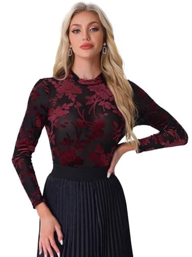 Image of Allegra K See Through Mesh Top for Women's Mock Neck Velvet Floral Print Tee Shirts Black Red L