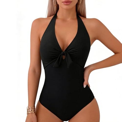 Image of Risipu Women's Tummy Control Swimsuit One Piece Slimming Ruched Push Up Bathing Suit Vintage Padded Retro V Neck Swimwear (UK, Alpha, XL, Regular, Regular, Black)