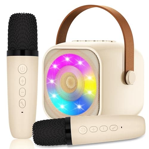 Image of Karaoke Machine for Kids, Mini Karaoke Machine with 2 Wireless Microphone, Portable Bluetooth Speaker with LED Lights, Best Birthday Gift Toys for Girls and Boys