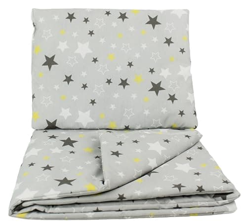 Image of Lolaland Grey Bedding Set with White and Yellow Stars 100% Cotton Duvet Cover and Pillowcase Set for Baby Cot Bed 60x120cm, Perfect for Cribs Prams Moses Baskets