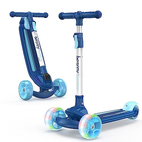 Image of besrey Kids Scooter - Big Wheels Foldable Kick Scooter with Flashing LED Lights for Boys Girls, 4 Levels Height Adjustable, 3 Wheel Scooter for Kids Ages 2-8 with Safe Lean to Steer Design Silver Blue