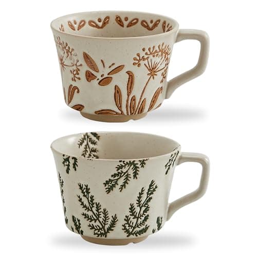 Image of Swuut 350 ml Vintage Ceramic Coffee Cups – Handmade Stoneware Mugs, Big and Stackable for Large Lattes and Camping Coffee, Featuring Plants Designs (Set of 2)
