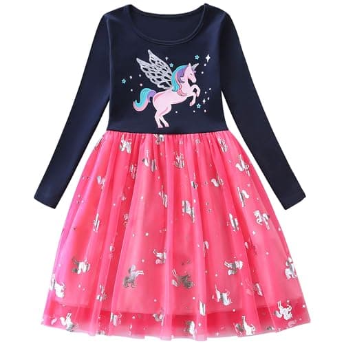 Image of FILOWA Girls Dress Kids Tulle Horse Animal Print Long Sleeve Spring Dresses Cotton Sequin Sparkly Cute Outfit Navy Blue Pink Tutu Fashion Clothes Birthday Party for Children Toddler 7-8 Year,Navy Blue