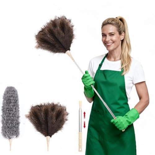 Image of PVEGOS 55" Extendable Feather Dusters Set, Long Handle Replaceable Ostrich Feather & Microfiber Head, Telescopic Fluffy Feathers for Cobwebs, Radiator, Venetian Blind, Cleaning Ceilings, Cars, Fans