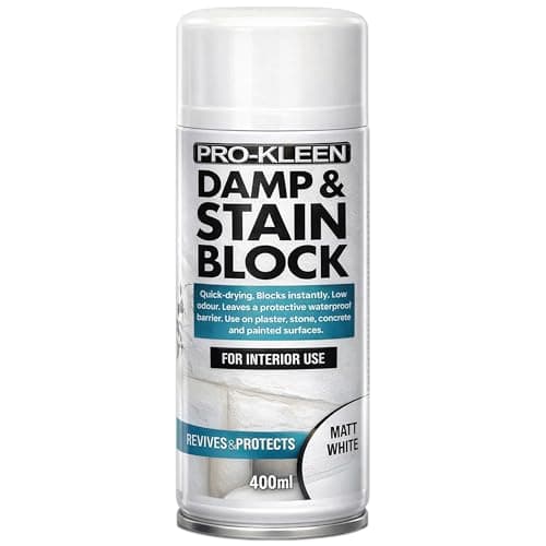 Image of Pro-Kleen Damp & Stain Block Spray Paint Primer White Matt 400ml - Covers Damp, Mould, Grease, Nicotine & Rust Stains - for Walls & Ceilings - Leaves a Waterproof Barrier