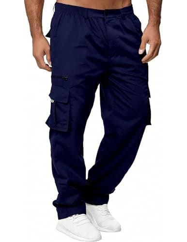 Image of Volemo Mens Cargo Trousers Cotton Casual Cargo Pants Elasticated Waist Relaxed Fit 6 Pockets for Work Wear Navy L