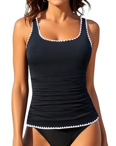 Image of Aqua Eve Tankini Tops for Women Swimwear Top Only Tummy Control Bathing Suit Top No Bottom (Available in Plus), Black 02, 18 Plus