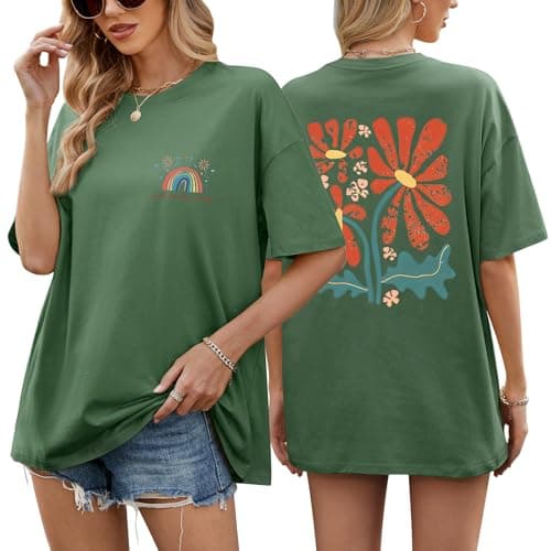 Image of PASUDA Women's T Shirts Ladies Cotton Oversized T Shirts for Women Plus Size Graphic Tee Shirt Short Sleeve Tshirts Drop Shoulder Casual Baggy Loose Print Tee Shirts(Green,XL)