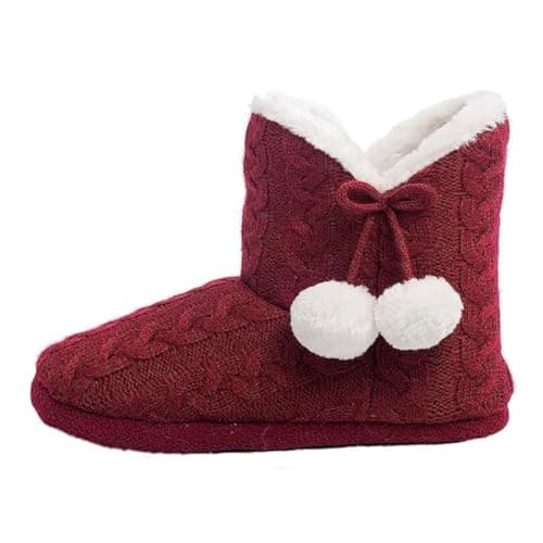 Image of Dunlop Ladies Famous Slipper Boots - Soft Furry Upper Warm Lined Pom Pom (Burgundy Knit, Adult Size Medium)