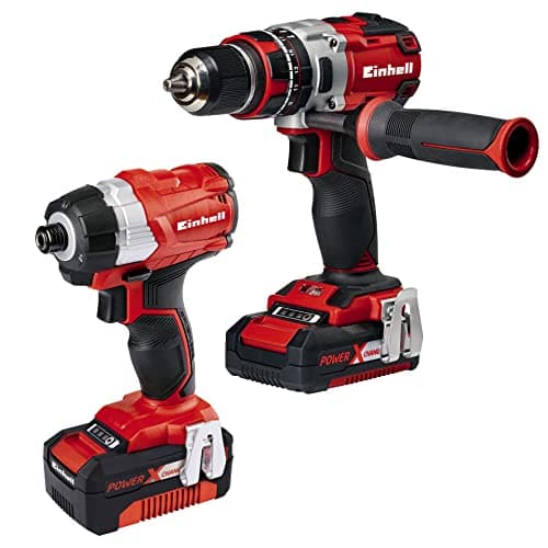 Image of Einhell 4257216 Combi Drill and Impact Driver Power X-Change 4.0 Ah Brushless Kit, Including Storage Bag, Battery and Charger - TE-CD 18 Li-i Plus TE-CI 18 Li, Red