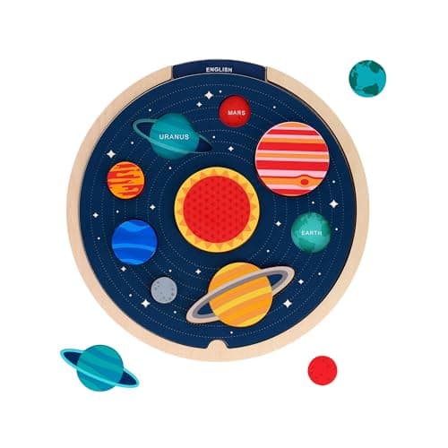 Image of Petit Collage: Multi-Language Solar System Wooden Tray Puzzle | Teaches Kids Planet Names in 6 Different Languages | Includes Inter-Changeable Language Sheets| STEAM Activity | Great for Ages 3+