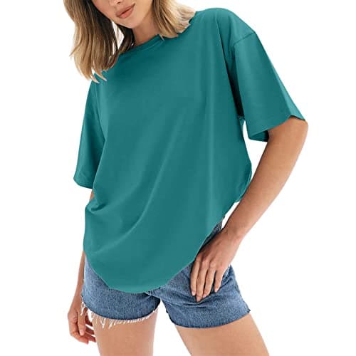 Image of Women's Oversized T Shirts Casual Crew Neck Short Sleeve Tunic Tops Plus Size Cotton Gaphic Tees Ladies Summer Breathable Basic Tshirts Workout Tops Streetwear