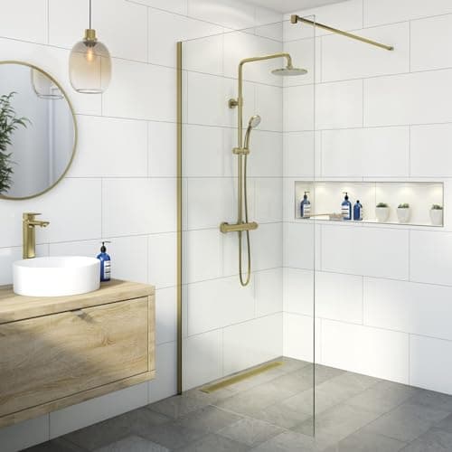 Image of BAYSTONE® 900mm Wet Room Shower Screen Panel 8mm Toughened Safety Easy Clean Glass Walk in Shower Enclosure, Frameless, Brushed Brass
