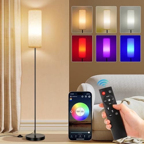 Image of Frideko Floor Lamp,Modern Standing Lamp with RGB Smart LED Bulb & Brightness Dimmable,Standard Lamp with Remote,Tall Lamps for Living Room Bedroom Office,Foot Switch,Beige Lampshade