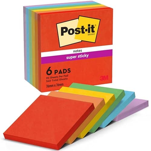 Image of Post-it Super Sticky Notes, 540 Sheets, Pack of 6 Pads, 76 mm x 76 mm - Holds Strong to Many Surfaces - Bright Colours - for Walls, Monitors and Fridge, Recycable