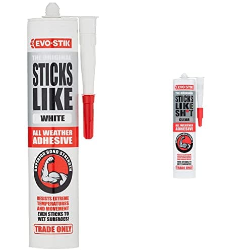 Image of EVO-STIK Sticks Like Adhesive, All Weather, Extreme Temperature & Movement Resistant, Colour: White, Size: 290ml & Sticks Like Sh*t Adhesive, All Weather, Clear, 290ml