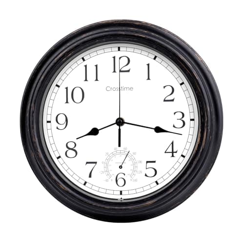 Image of Crosstime 40cm Large Outdoor Clock Waterproof with Thermometer Retro Vintage Wall Clocks for Garden Patio Pool Living Room Decor- 16 Inch Bronze,Indoor/Outdoor