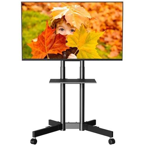 Image of BONTEC Mobile TV Stand on Wheels, Rolling TV Cart with Locking Wheels for 32-85” LED, LCD, OLED Flat & Curved TVs, Tilt, Height Adjustable, Max VESA 600x400mm, 55kg Capacity, Laptop Shelf, Black