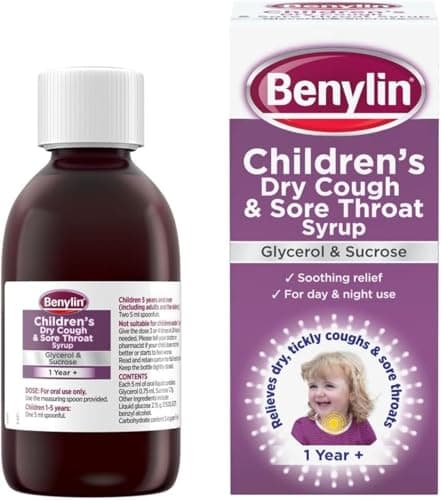 Image of Benylin Children’s Dry Cough and Sore Throat Syrup (1x 125ml), Relieves Sore Throat, Cough Medicine For Children Aged 1 Year +, Suitable for Day and Night Use