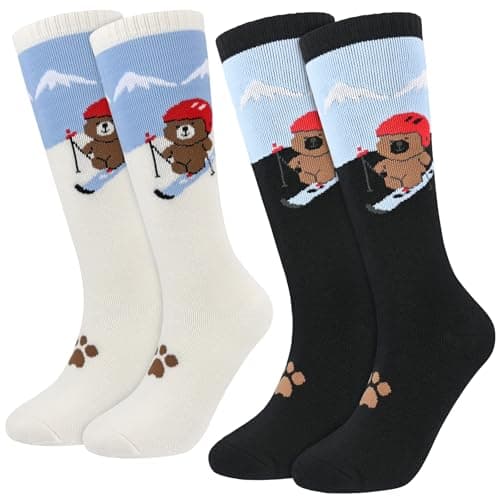 Image of KOOOGEAR Kids Ski Socks Boys Girls Thermal Thick Warm Winter Cozy Socks for Skiing Snowboarding 2Pairs 6-12Years (Black White)