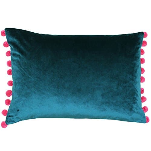 Image of Paoletti Fiesta Rectangular Cushion Cover – Faux Velvet with Pompom Edges (Teal/Berry – 35 x 50cm)