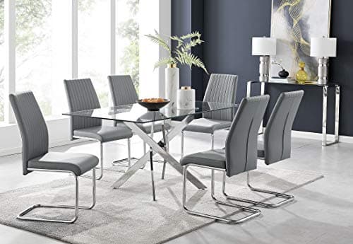 Image of Furniturebox UK Leonardo Clear Glass and Chrome Metal Modern/Stylish Dining Table and 6 Modern Lorenzo Chairs Set (Dining Table + 6 Elephant Grey Lorenzo Chairs)