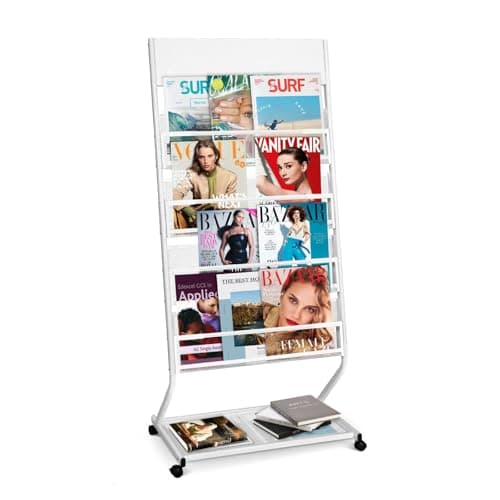Image of SUNDOY 4-Pocket Floor Standing Brochure Display Stand – Metal Magazine Stand Literature Rack with Wheels for Trade Shows, Exhibitions, Offices & Retail Stores (White-4-Layer)