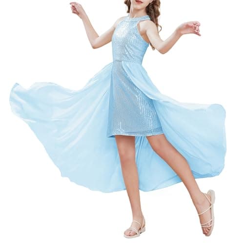 Image of GRACE KARIN Big Girls Autumn Summer Shiny Sequin Spaghetti Dress Sequined Party Dress Light Blue 12-14 Years