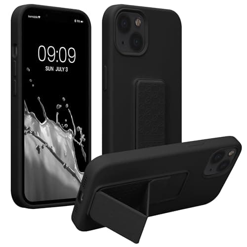 Image of kwmobile Case for Apple iPhone 13 Case - Soft TPU Cover with Silicone Coating - With Hand Strap and Stand Function - Shockproof - Black