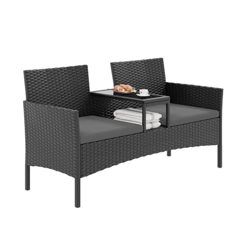Image of Aoxun Rattan Garden Chair 2 Seater Loveseat, Outdoor Patio Chair Set with Storage Table and Waterproof Cover, Space-Saving Seating for Small Gardens Balcony Deck (Dark Grey)